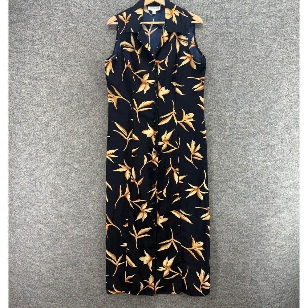 Studio I Shirt Dress Women 14 Black Floral Long Sleeveless Button Collared